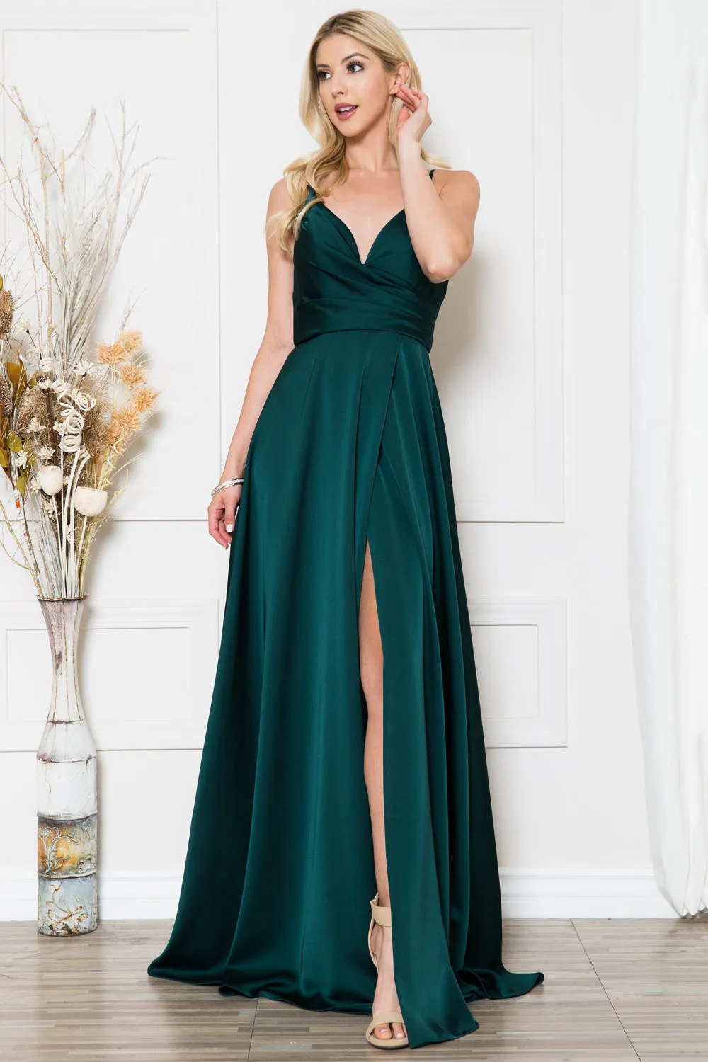 AC BZ012 - Satin A-Line Prom Gown with Gathered Sweetheart Neckline & Leg Slit