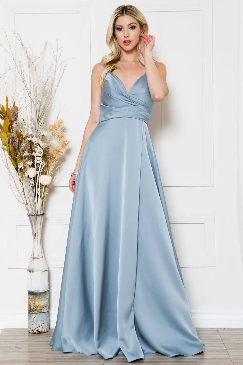 AC BZ012 - Satin A-Line Prom Gown with Gathered Sweetheart Neckline & Leg Slit