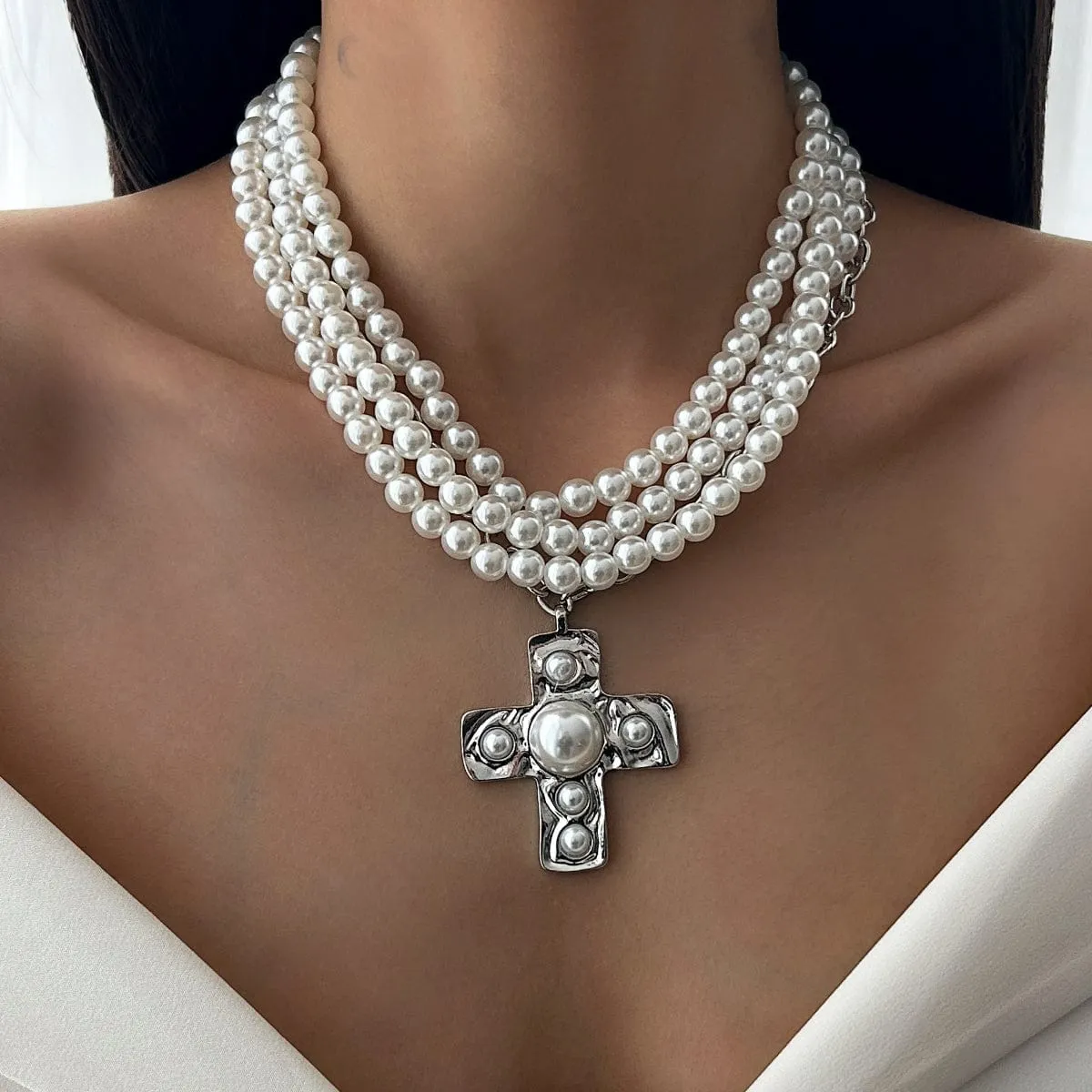Baroque Chunky Layered Textured Cross Pendant Pearl Chain Necklace