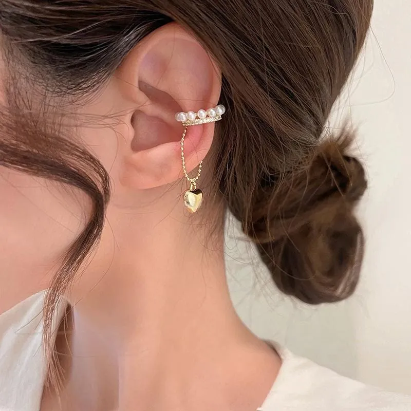 Baroque Pearl CZ Inlaid Heart Dangle Ear Cuff Earring