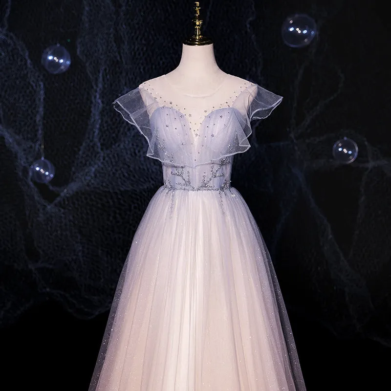 Beautiful Pink Gradient Shiny Tulle A-line Party Dress Prom Dress, Floor Length Evening Dresses