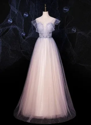 Beautiful Pink Gradient Shiny Tulle A-line Party Dress Prom Dress, Floor Length Evening Dresses