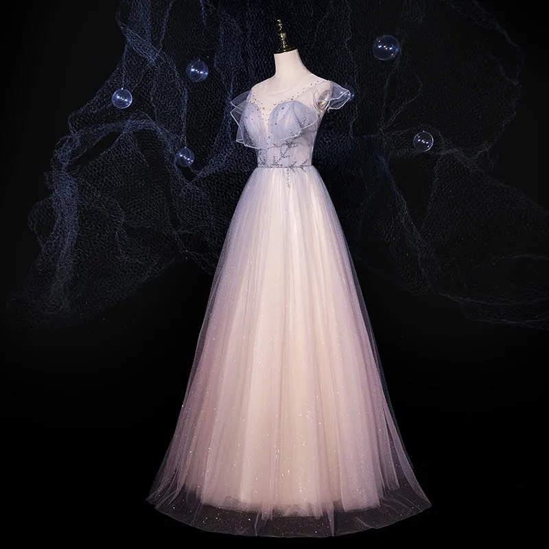 Beautiful Pink Gradient Shiny Tulle A-line Party Dress Prom Dress, Floor Length Evening Dresses