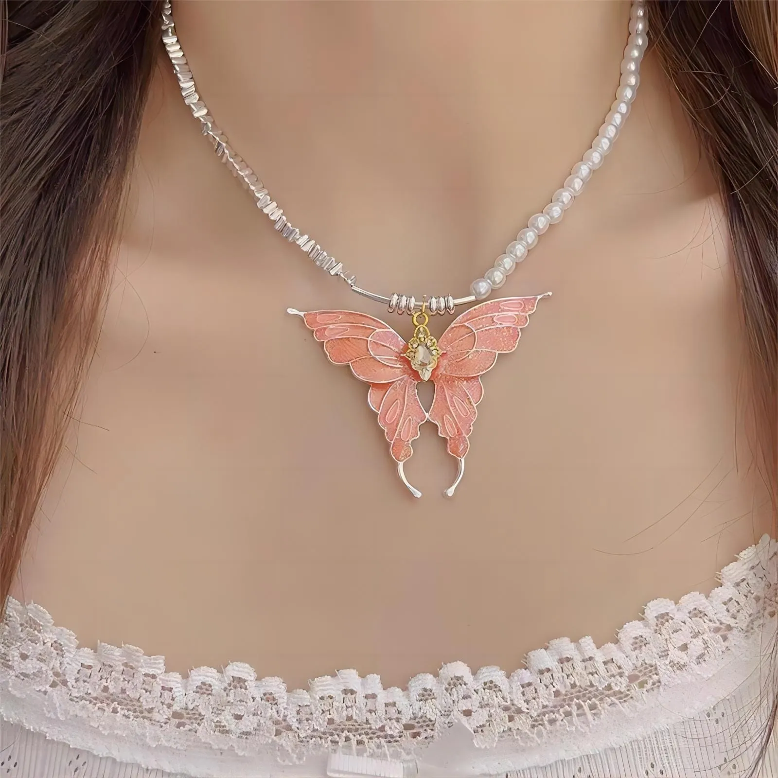 Chic Colorful Enamel Butterfly Pearl Chain Necklace