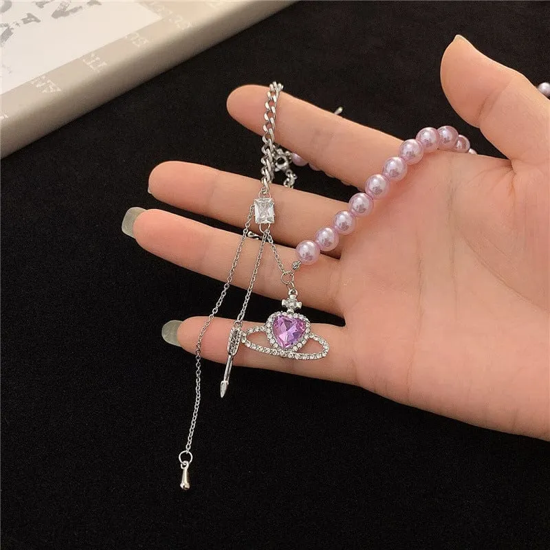 Chic CZ Inlaid Celestial Planet Heart Pendant Pearl Chain Necklace