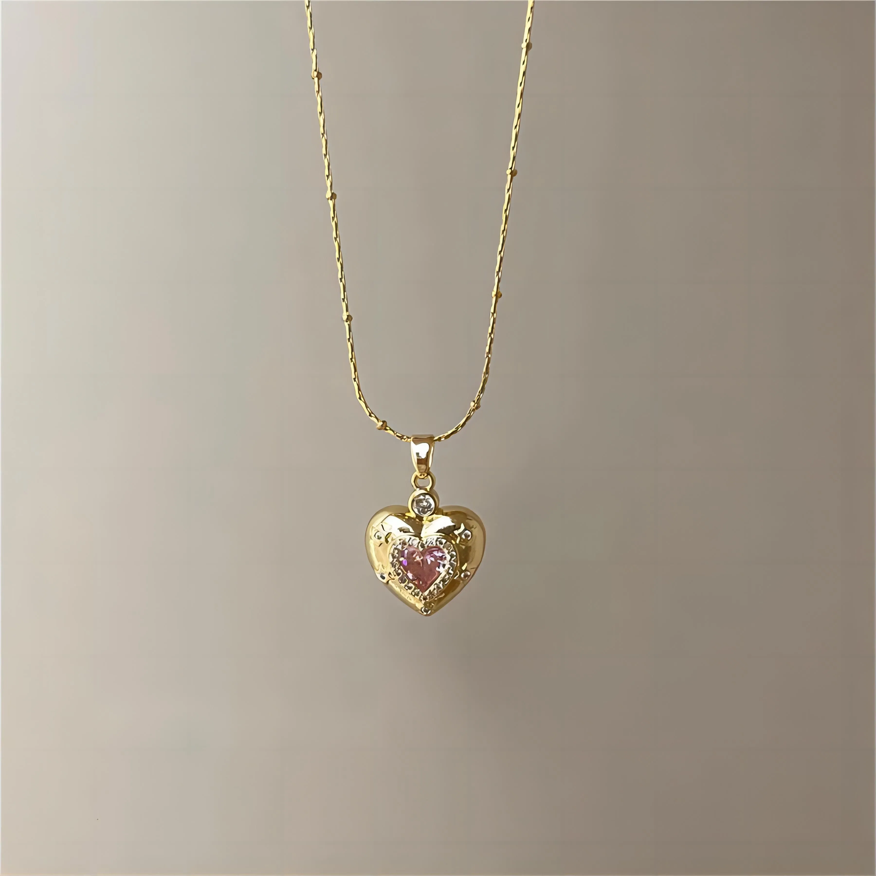 Chic CZ Inlaid Pink Crystal Heart Chain Necklace