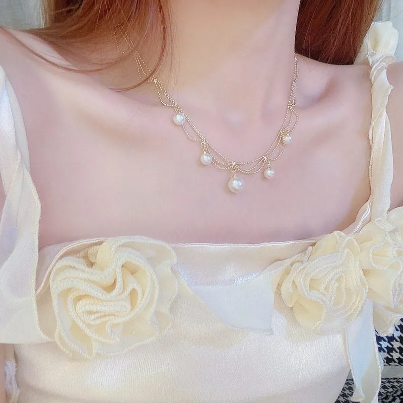 Chic Layered Pearl Tassel Ball Chain Choker Necklace