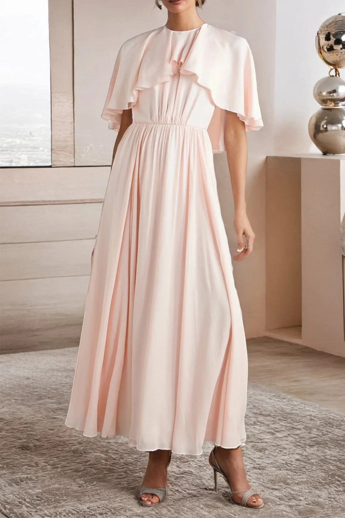 Chiffon Cape Sleeve A Line Pearl Pink Ankle Length Wedding Party Dress