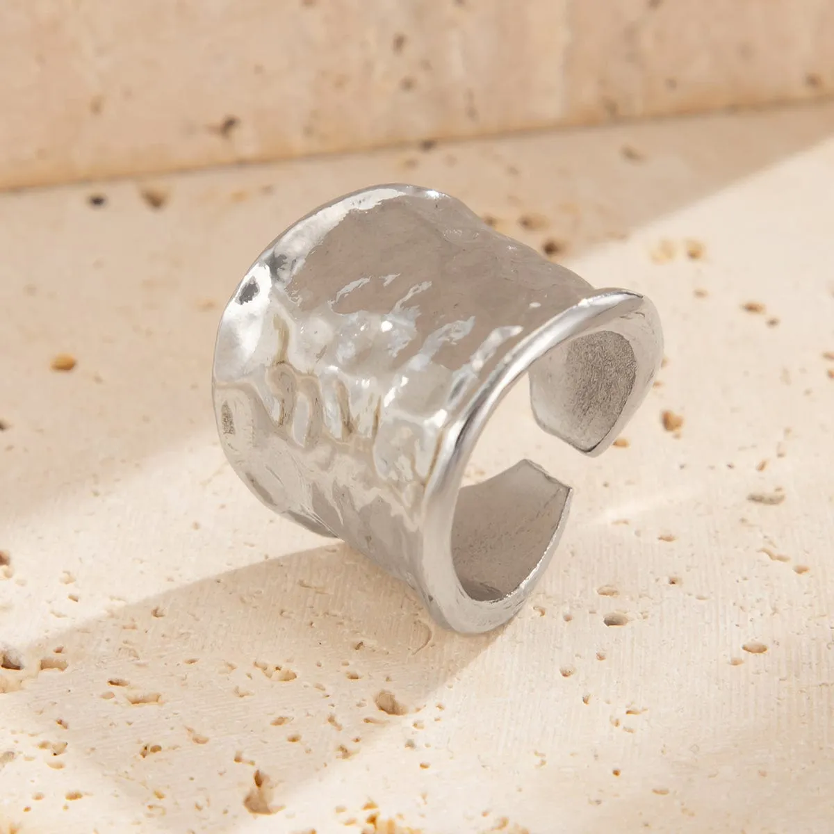 Chunky Gold Silver Tone Hammered Wide Open Ring