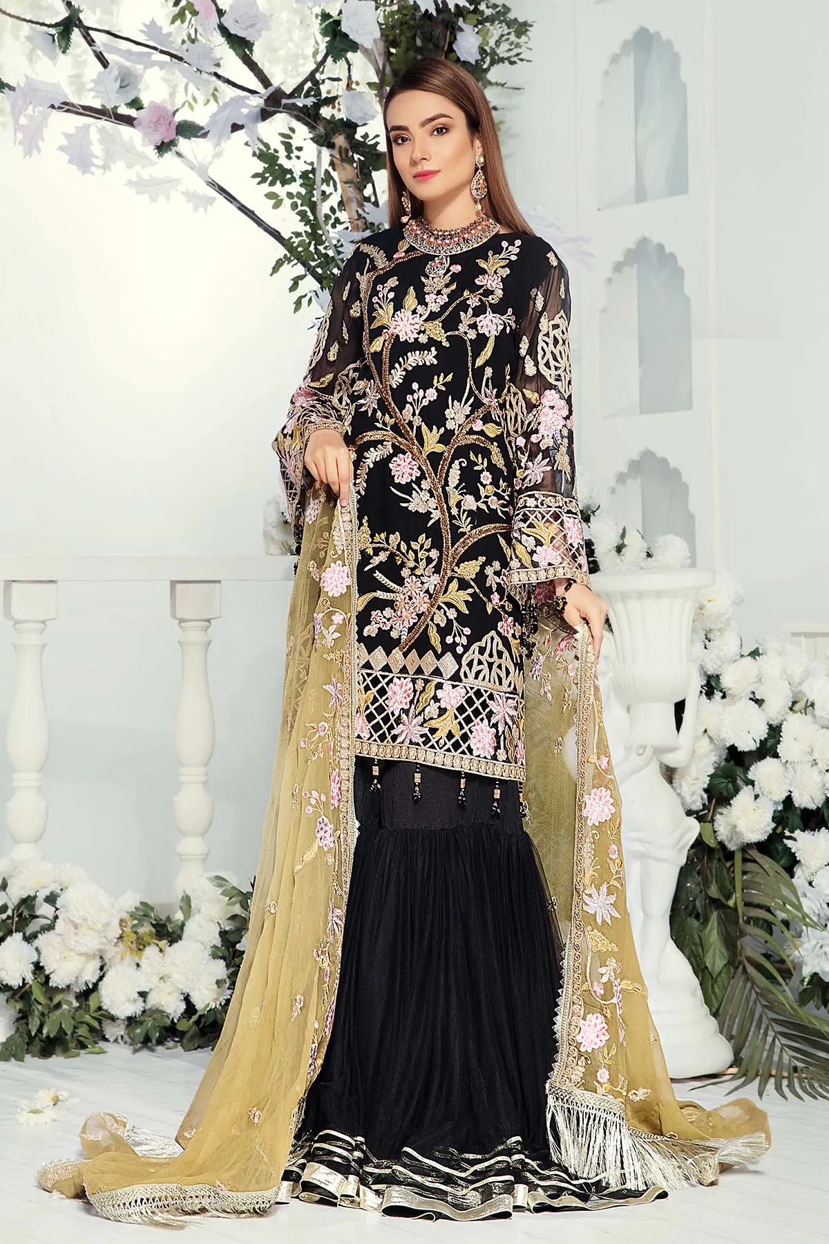Elegant Embroidered Chiffon Dress in Black Color #J6111