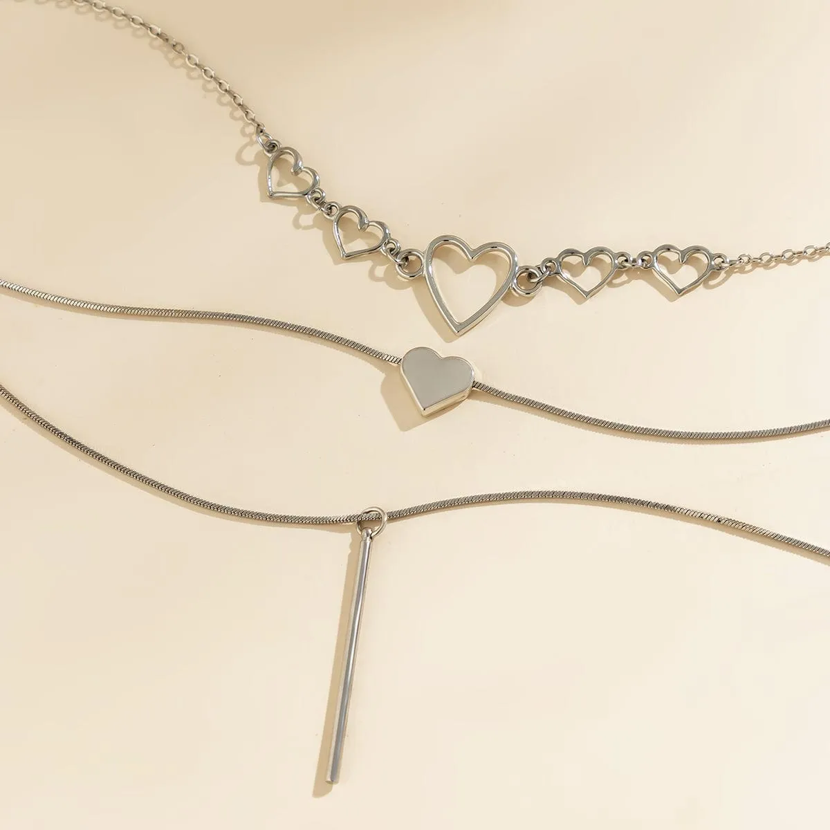 Elegant Layered Heart Bar Pendant Chain Necklace Set