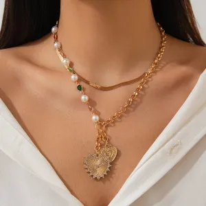 Elegant Layered Heart Pendant Pearl Crystal Chain Necklace Set