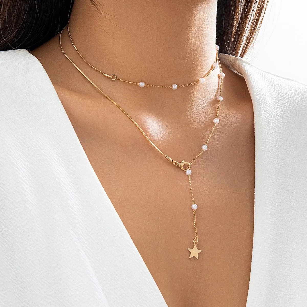 Elegant Layered Star Round Disk Pendant Pearl Chain Y Necklace