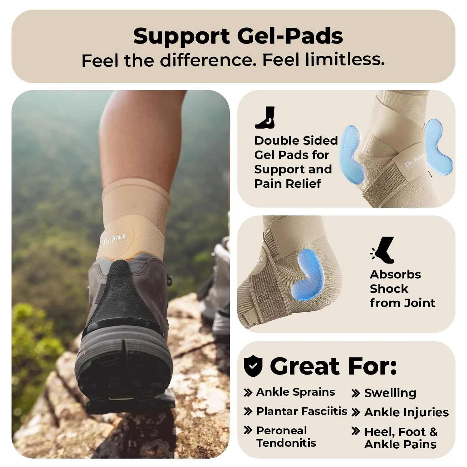 NEW DR. BRACE ELITE Ankle Brace with strap (Beige, Large)