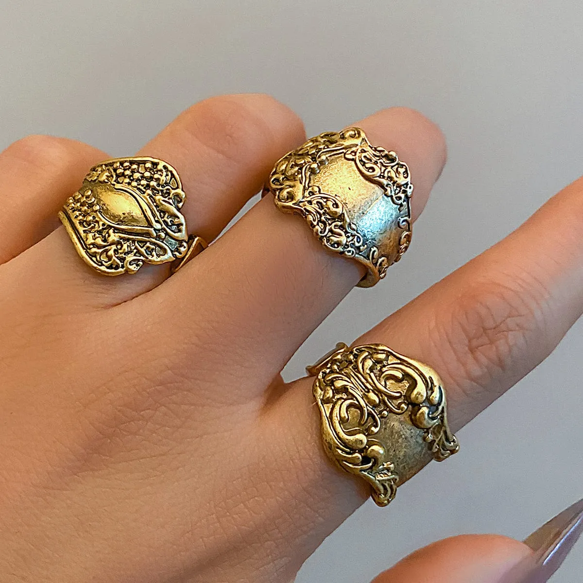 Punk 3pcs Metal Carved Pattern Open Ring Set