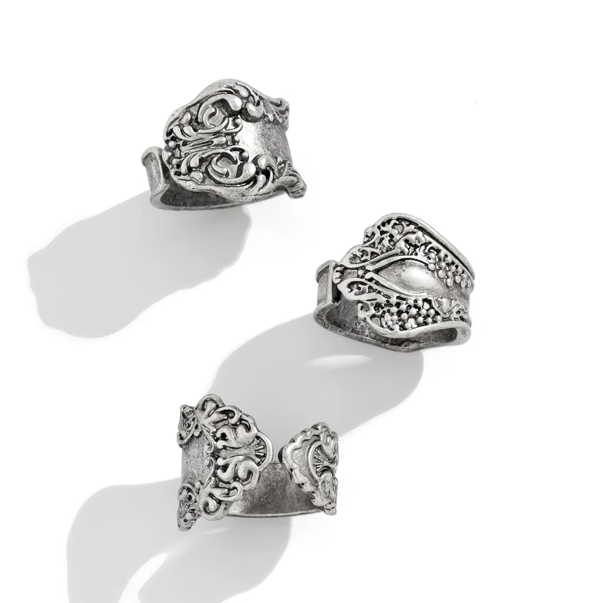 Punk 3pcs Metal Carved Pattern Open Ring Set