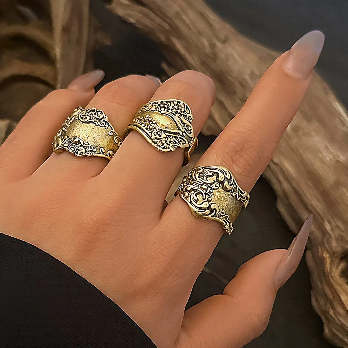 Punk 3pcs Metal Carved Pattern Open Ring Set