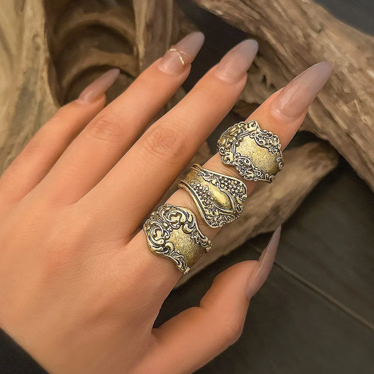 Punk 3pcs Metal Carved Pattern Open Ring Set