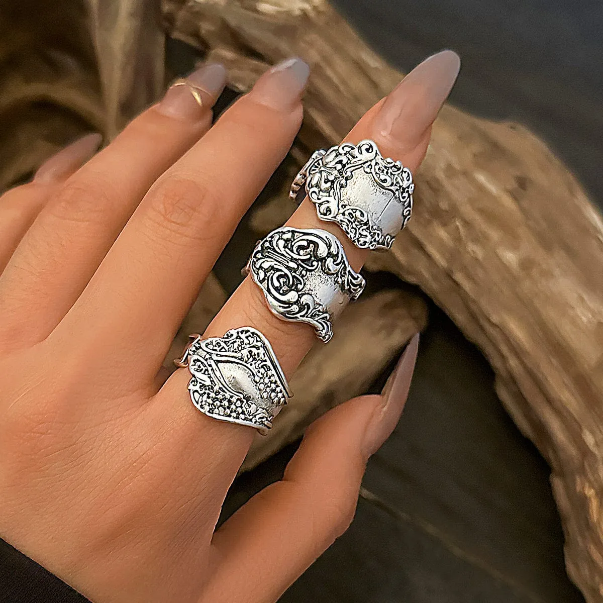 Punk 3pcs Metal Carved Pattern Open Ring Set