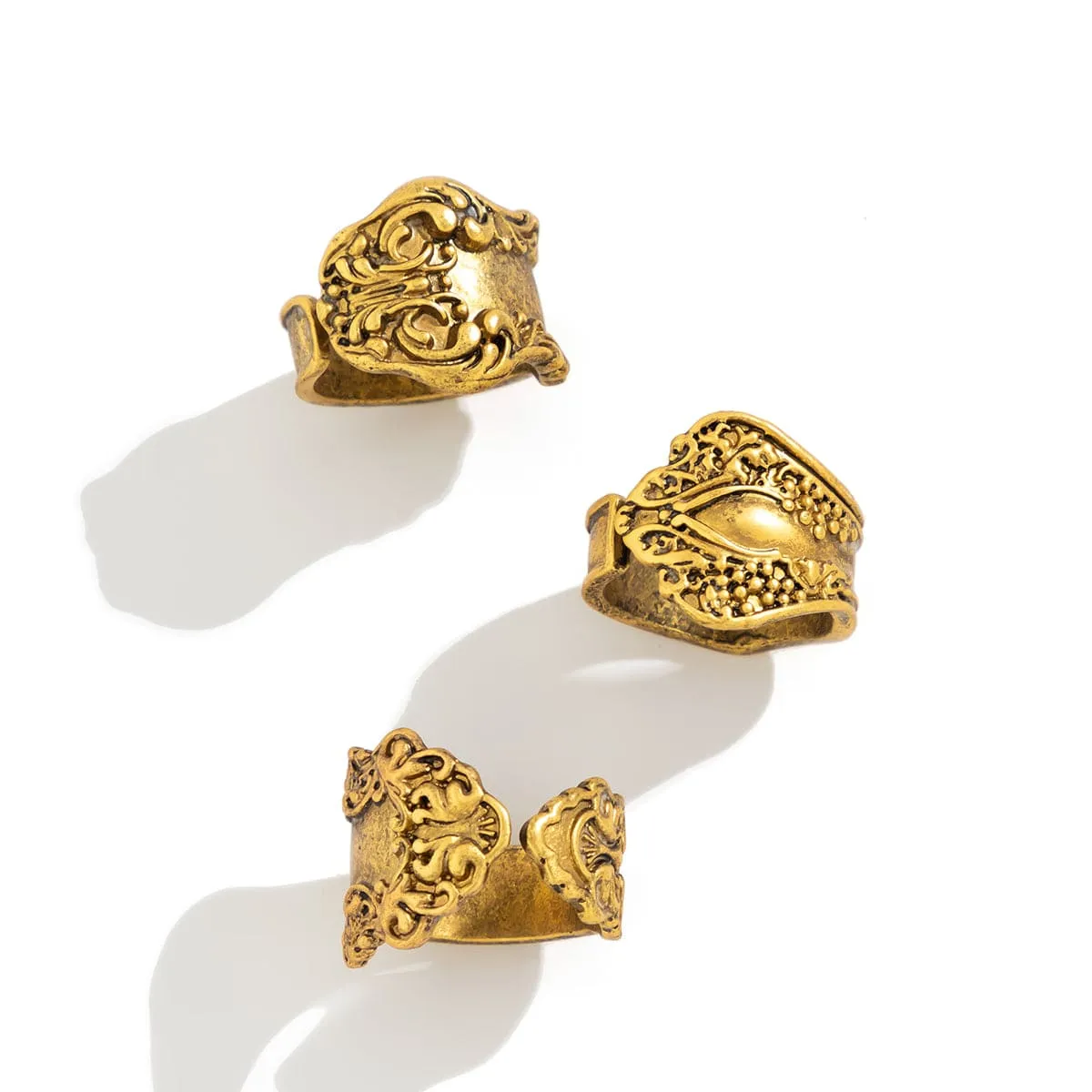 Punk 3pcs Metal Carved Pattern Open Ring Set