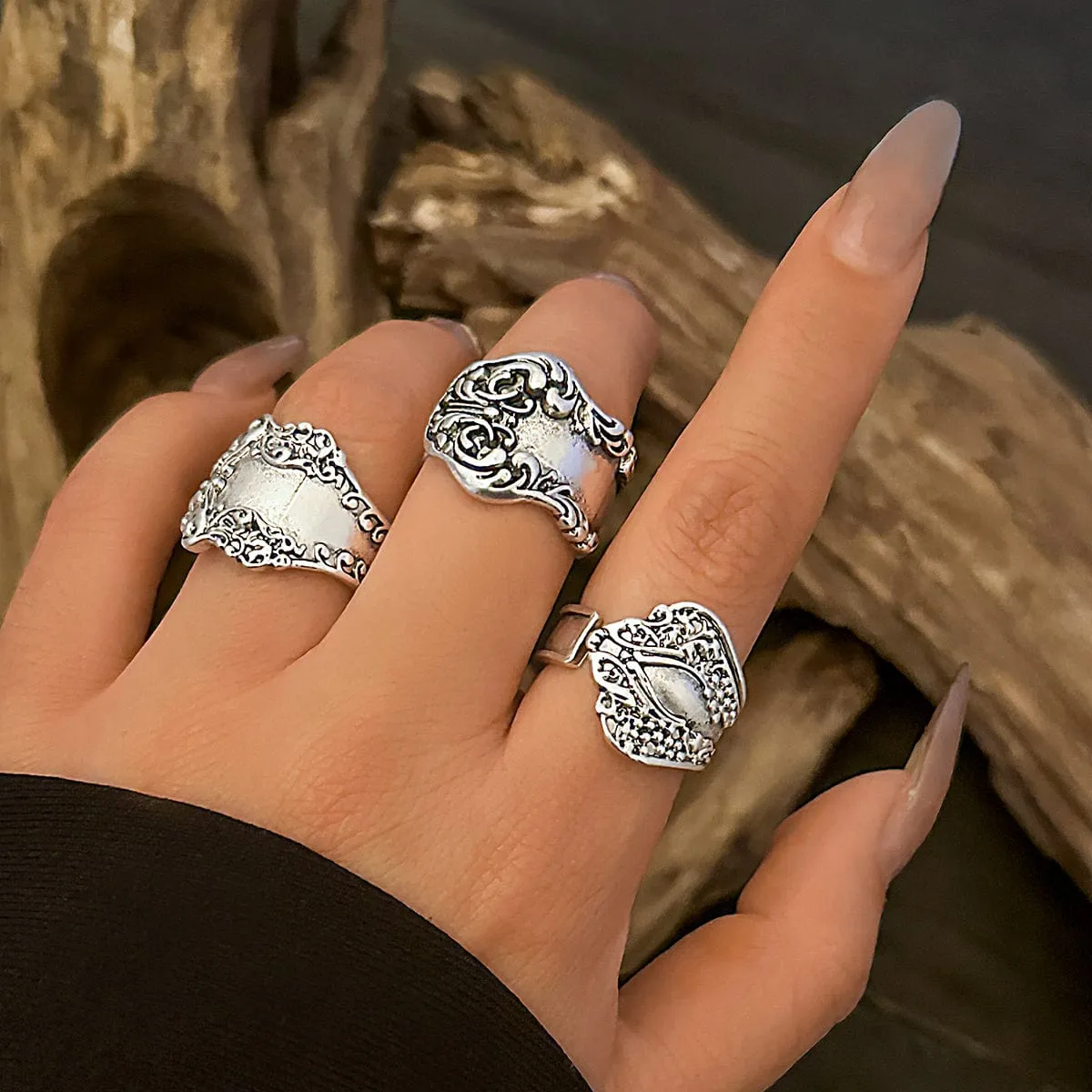 Punk 3pcs Metal Carved Pattern Open Ring Set
