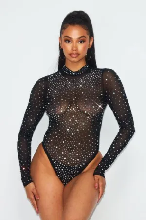 Rhinestone Mesh Bodysuit - Black -