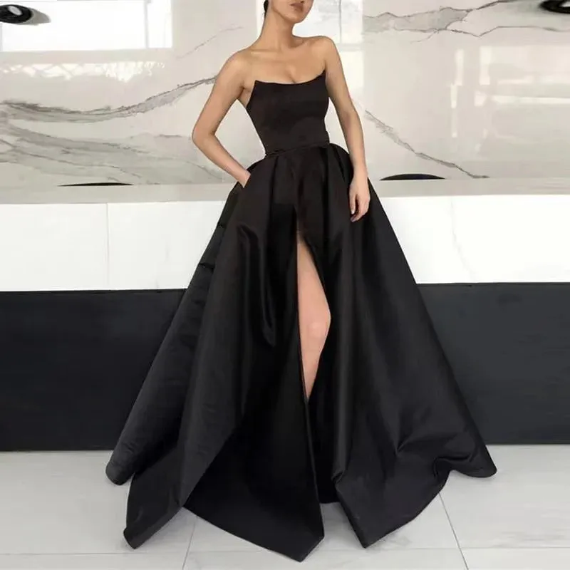 Satin Strapless Side Pockets Slit Prom Party Evening Gown