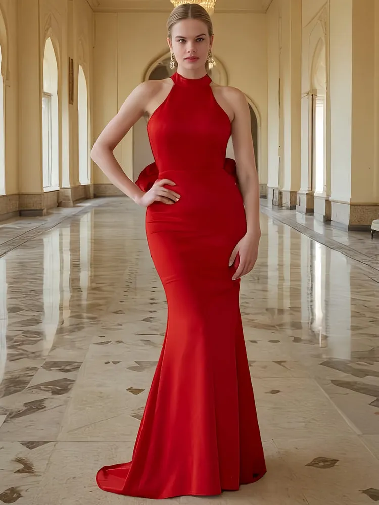 Sleeveless Halter Long Red Prom Dress with 3D Rose Appliques