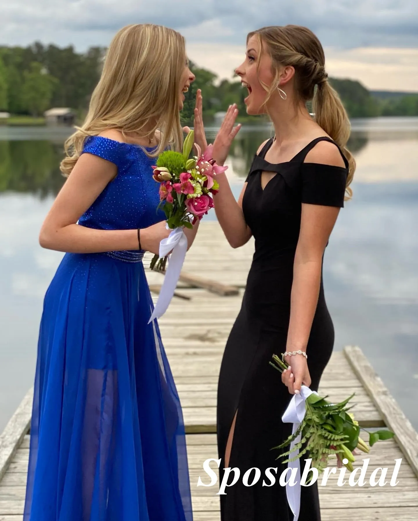 Sparkly Black Crepe Off Shoulder Sleeveless Sied Slit Mermaid Long Prom Dresses, PD3844