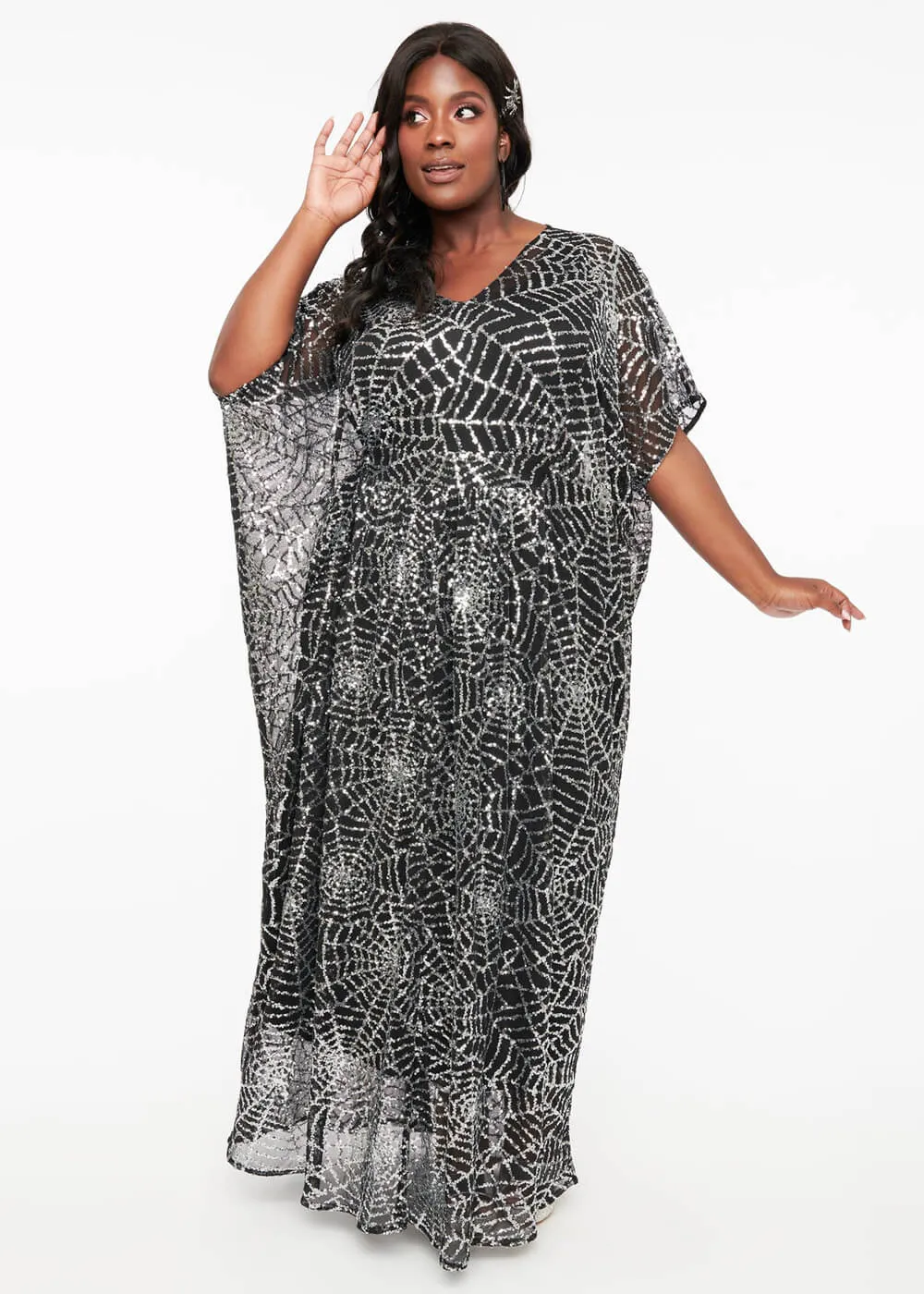 Unique Vintage Burton Spiderweb Sequin Caftan Maxi Dress Black Silver